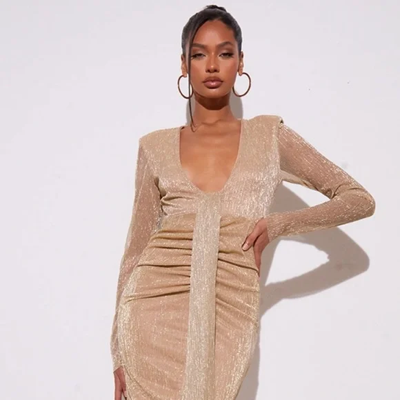 Gold Glitter Plisse Plunge Draped Midi Dress Gold Glitter Plisse Plunge Draped Midi Dress